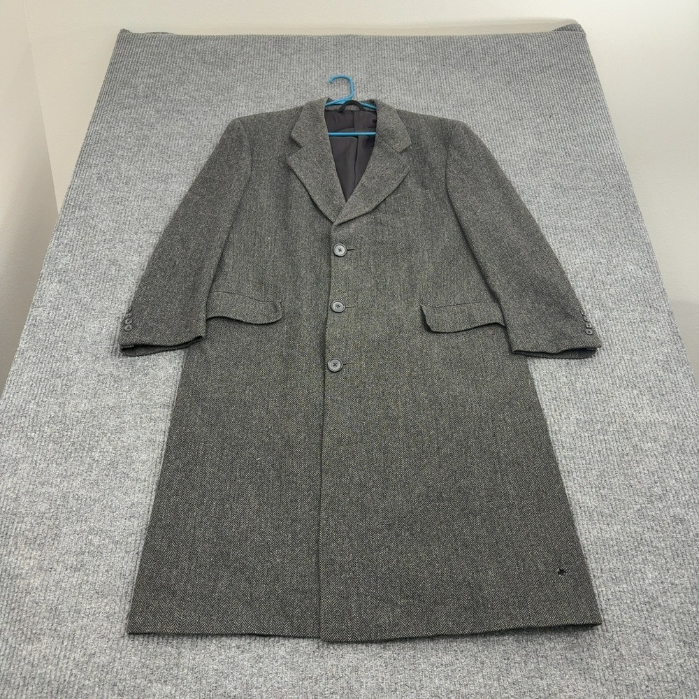 Vintage Hart Schaffner Marx Overcoat Mens XL Grey Wool Herringbone Long Classic